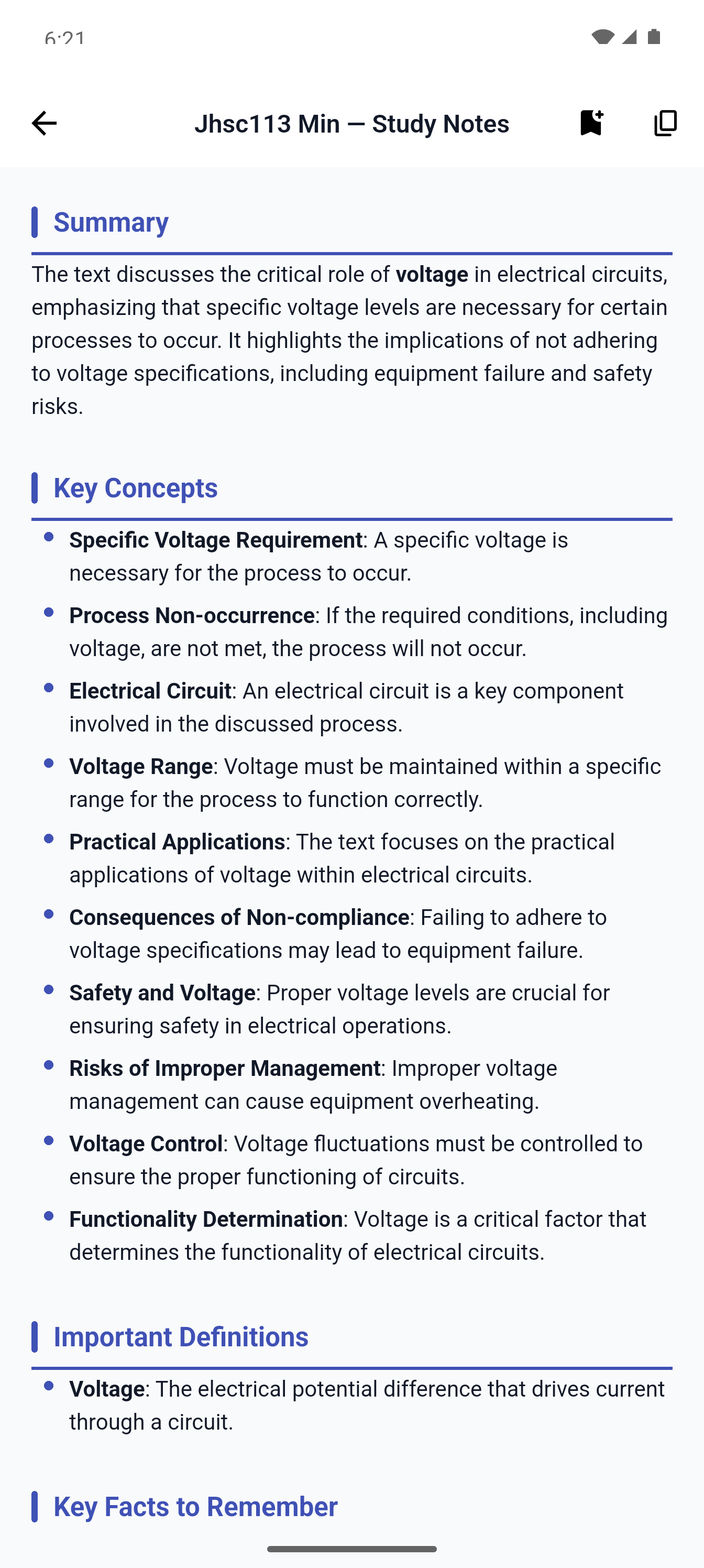 AI-generated study notes with summary, key concepts, important definitions, and key facts
