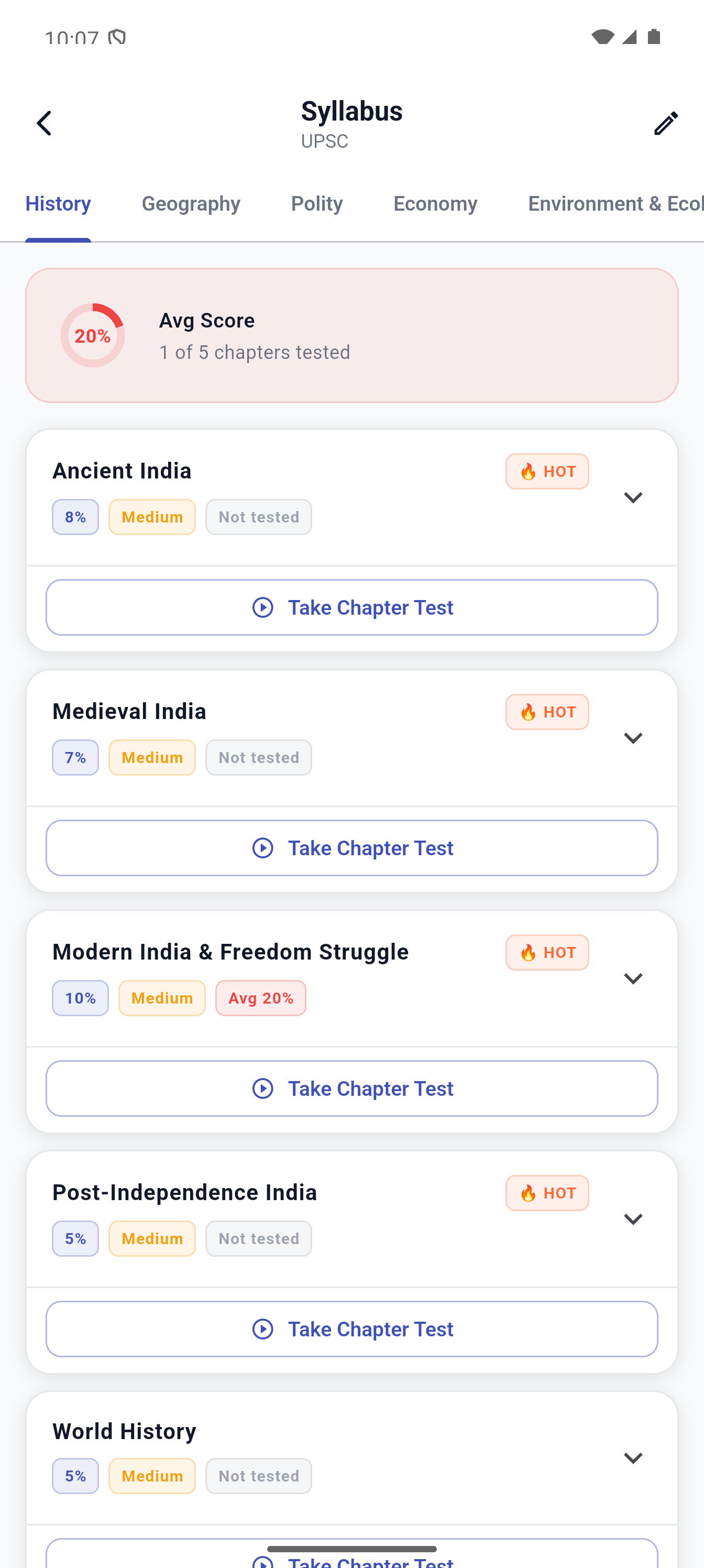 UPSC Syllabus Browser showing chapter-wise tests with scores, difficulty tags, and HOT chapter badges